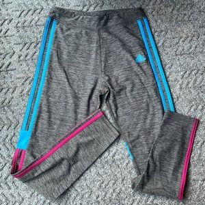 Kids Adidas grey leggings with blue and pink stripes
